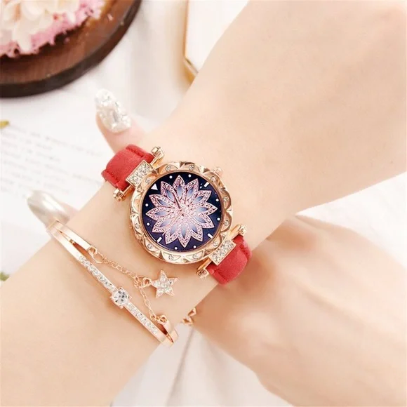 New Red Starry Sky Luxury Leather Strap Rose Gold Sapphire Bracelet Watch Set - Picture 2 of 16
